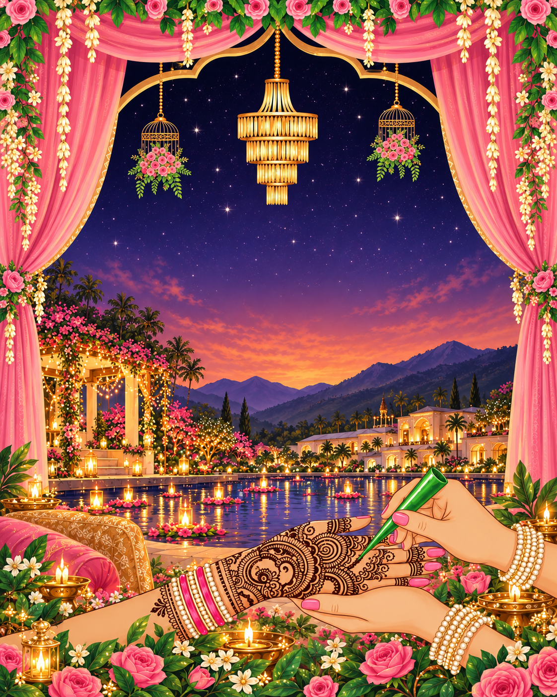 Twilight mehndi by the palace pool