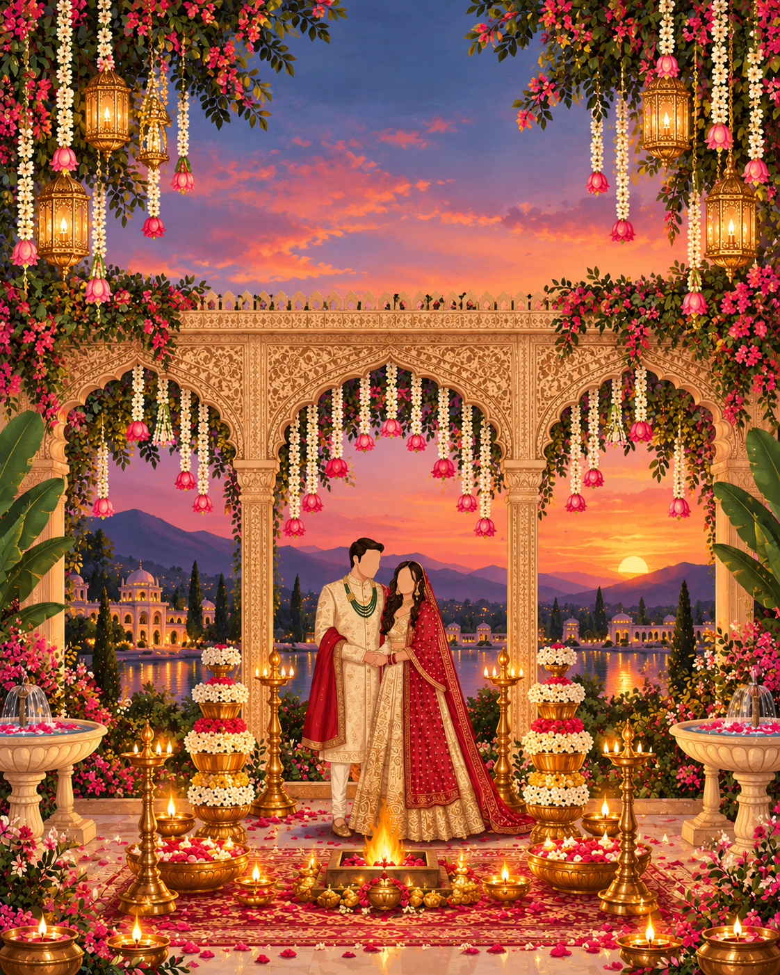 Sunset wedding mandap by the lake